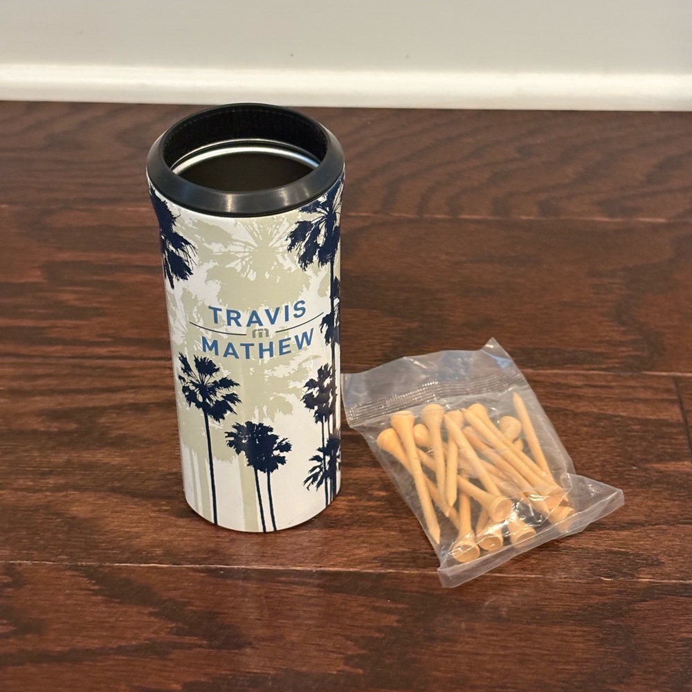 NEW TravisMathew x Corkcicle Slim Can Cooler w Bonus Bag Of Wooden Tees